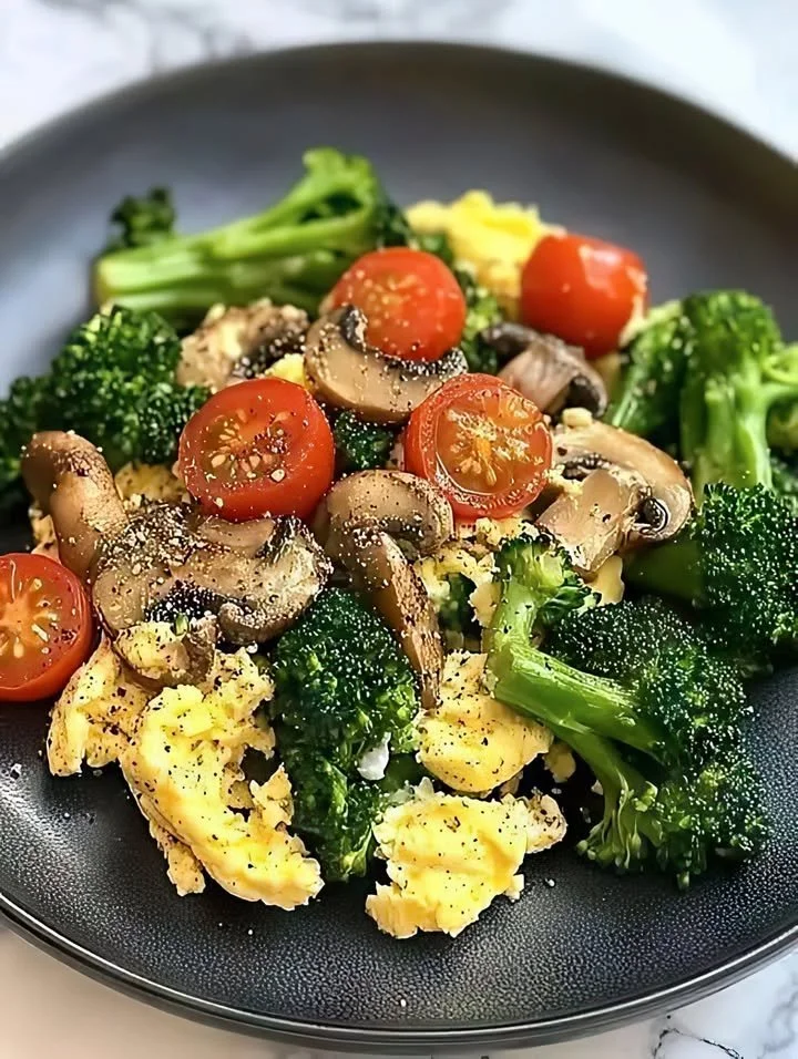 Scrambled eggs with broccoli, mushrooms, and cherry tomatoes on a plate