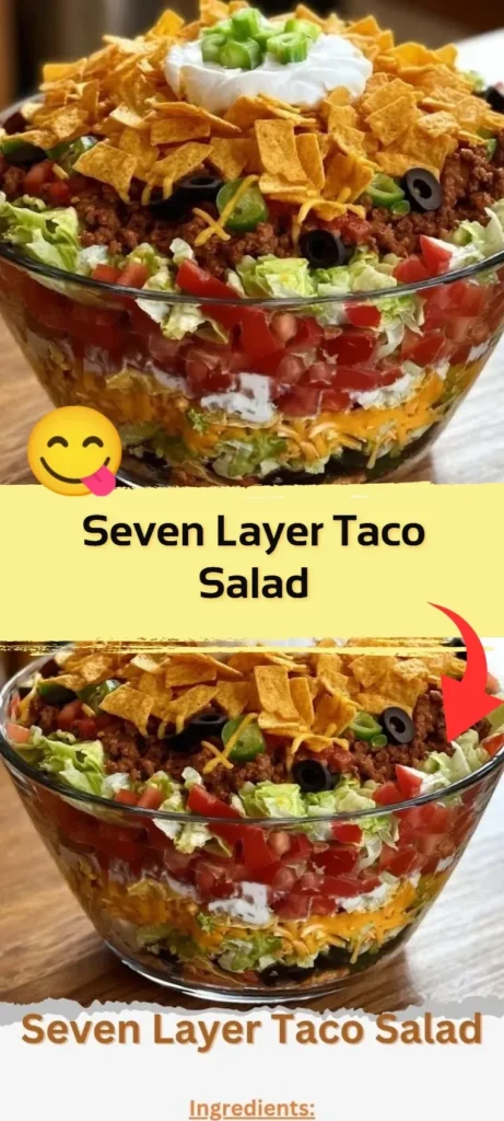 Seven Layer Taco Salad with colorful ingredients and layers in a serving dish