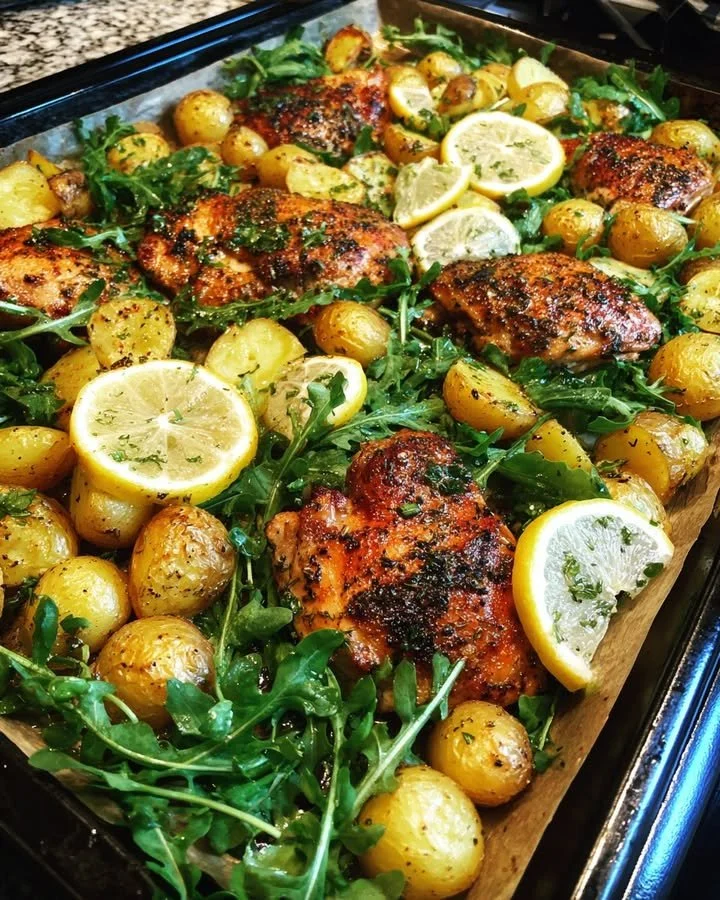 Sheet Pan Lemon Chicken served with roasted potatoes and fresh arugula