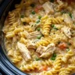 Delicious slow cooker chicken pot pie pasta in a creamy sauce