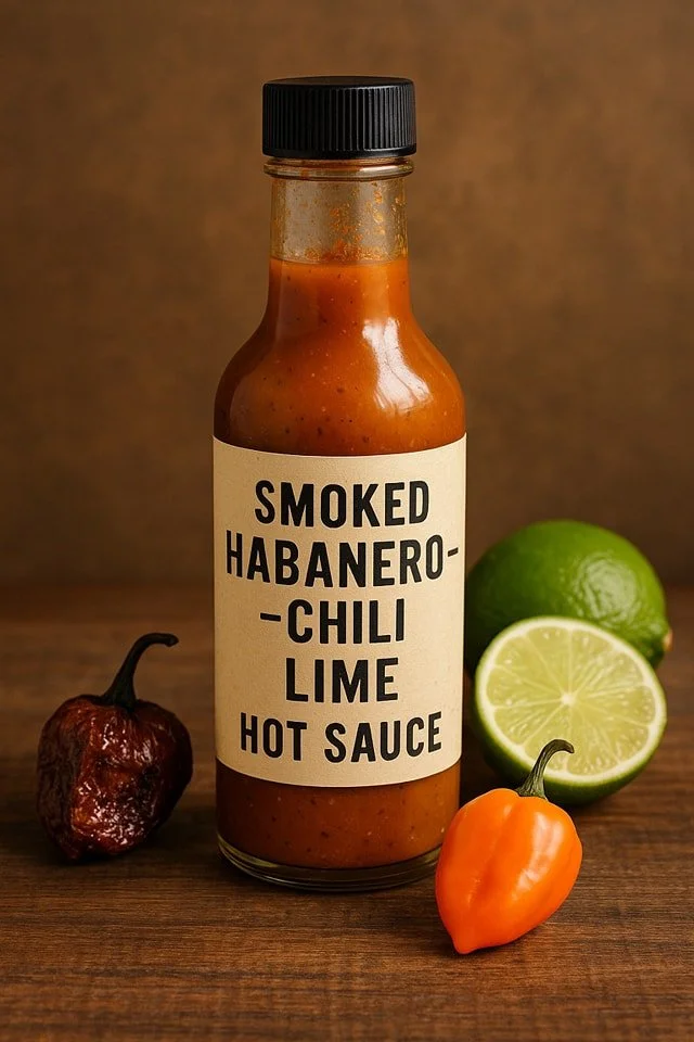 Bottle of Smoked Habanero–Chili Lime Hot Sauce on a wooden table