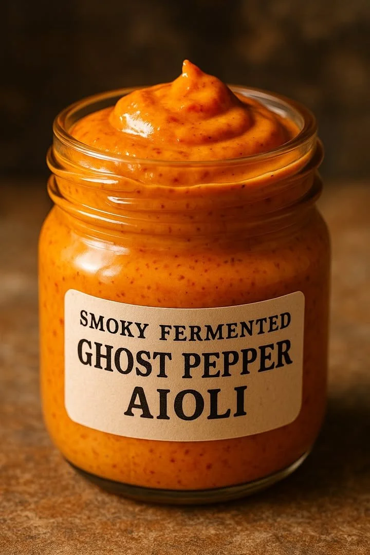 Smoky fermented ghost pepper aioli served in a bowl with peppers in the background.