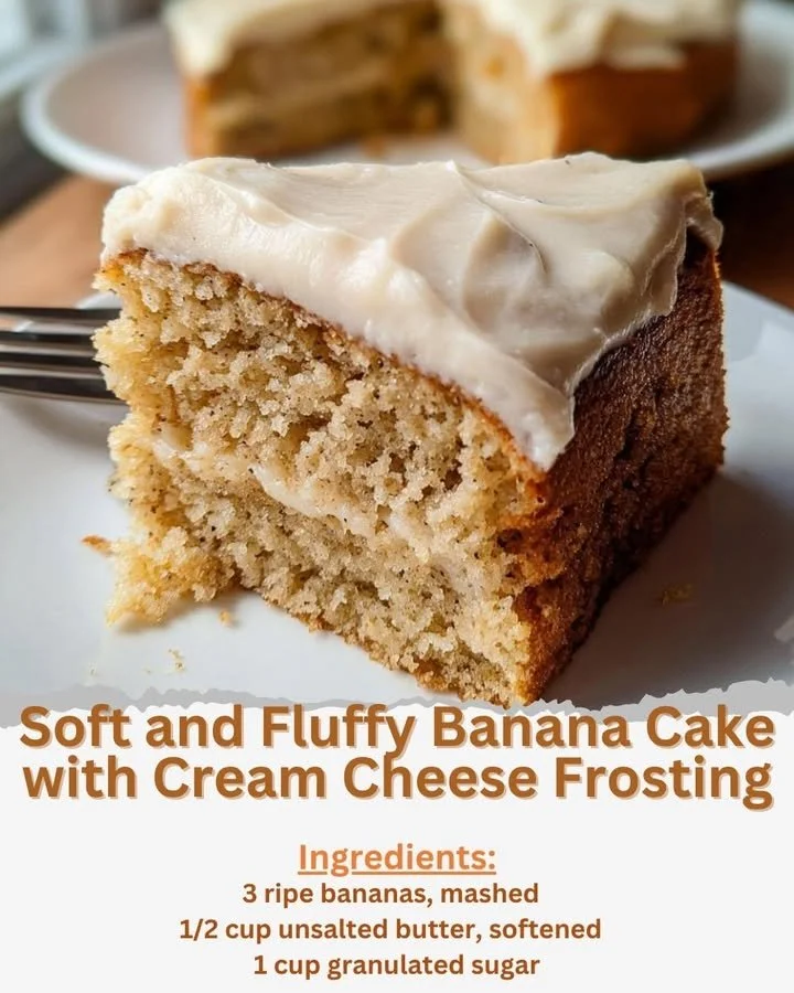 Soft and fluffy banana cake with cream cheese frosting on a white plate