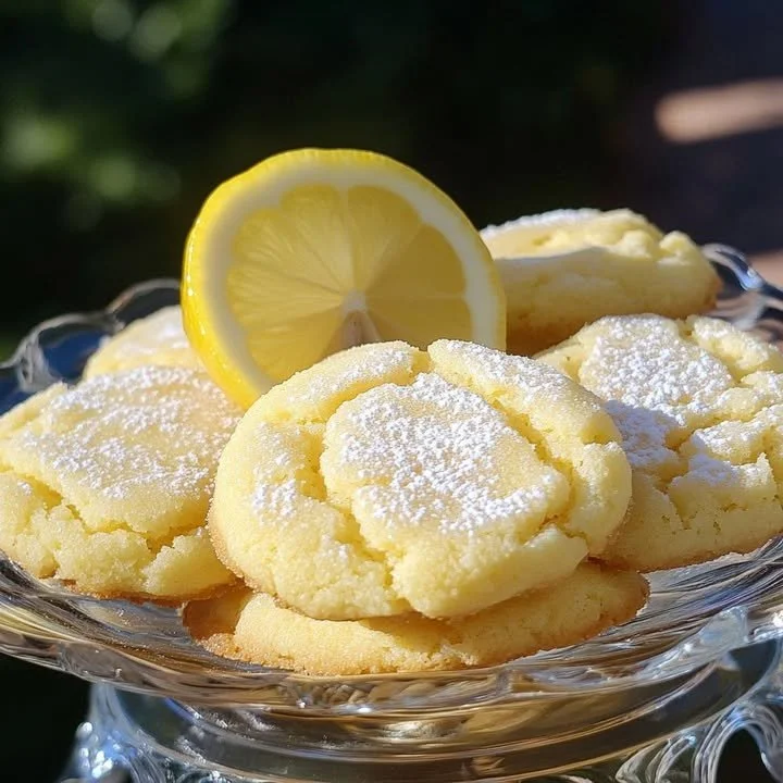 Delicious soft lemon cookies with powdered sugar on a plate
