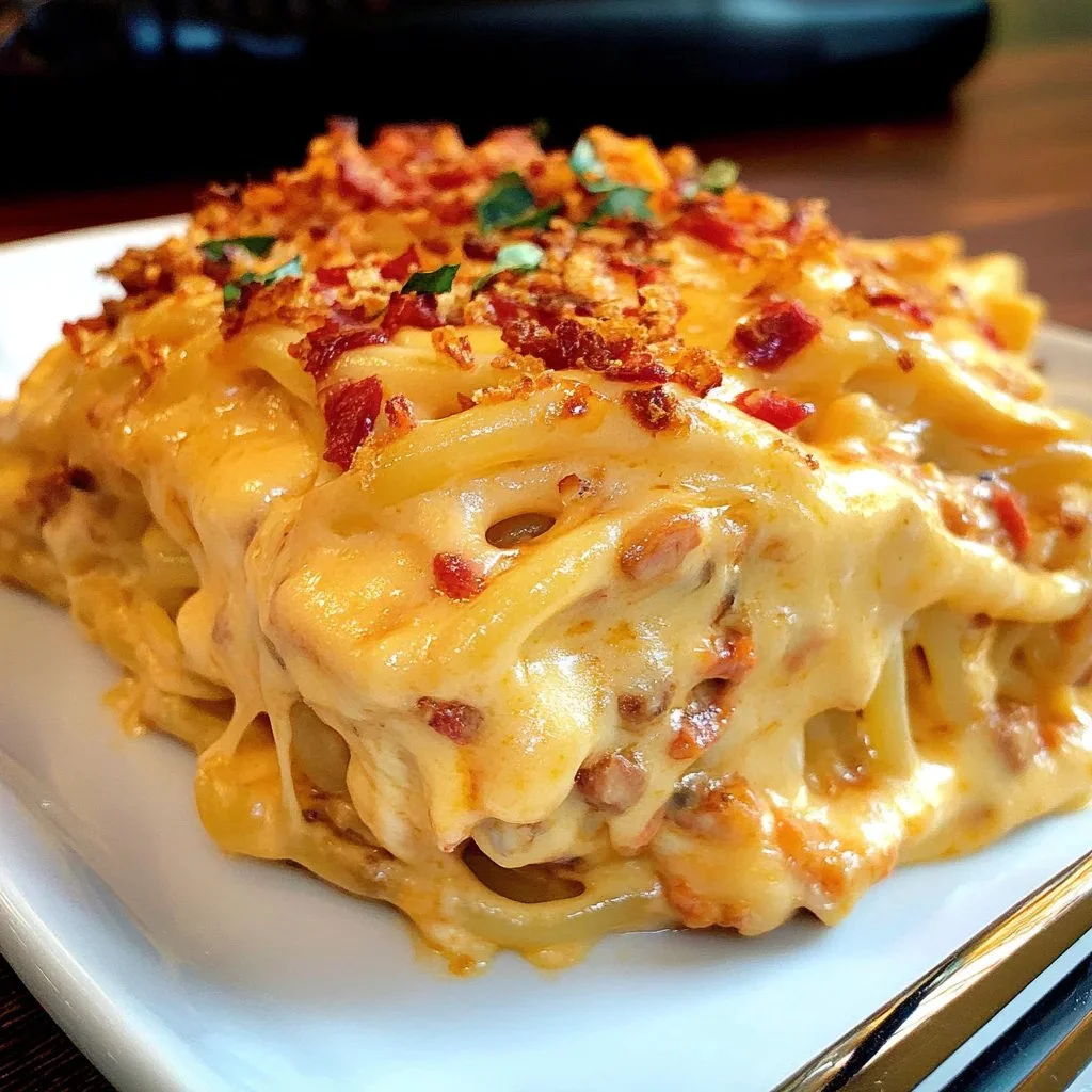 Southern-inspired Chicken Spaghetti Casserole baked in a dish with cheese and herbs