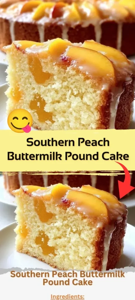 Freshly baked Southern peach buttermilk pound cake topped with ripe peaches