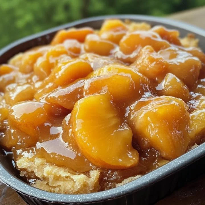 Delicious Southern Peach Cobbler served warm with ice cream