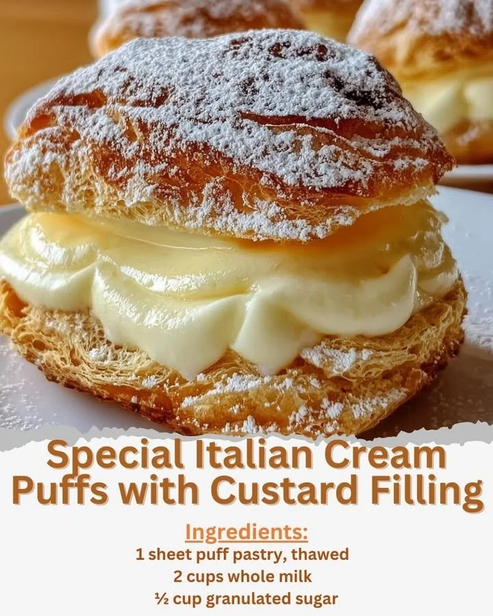 Special Italian cream puffs filled with custard on a dessert plate