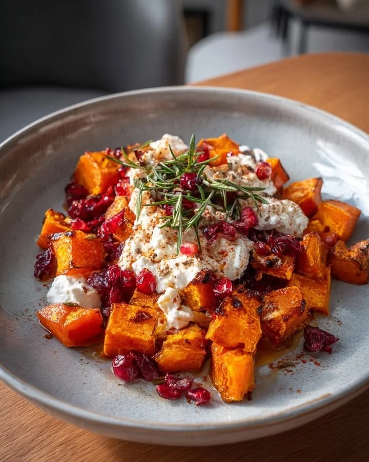 Spiced pumpkin with whipped feta and cranberry-honey drizzle on a plate