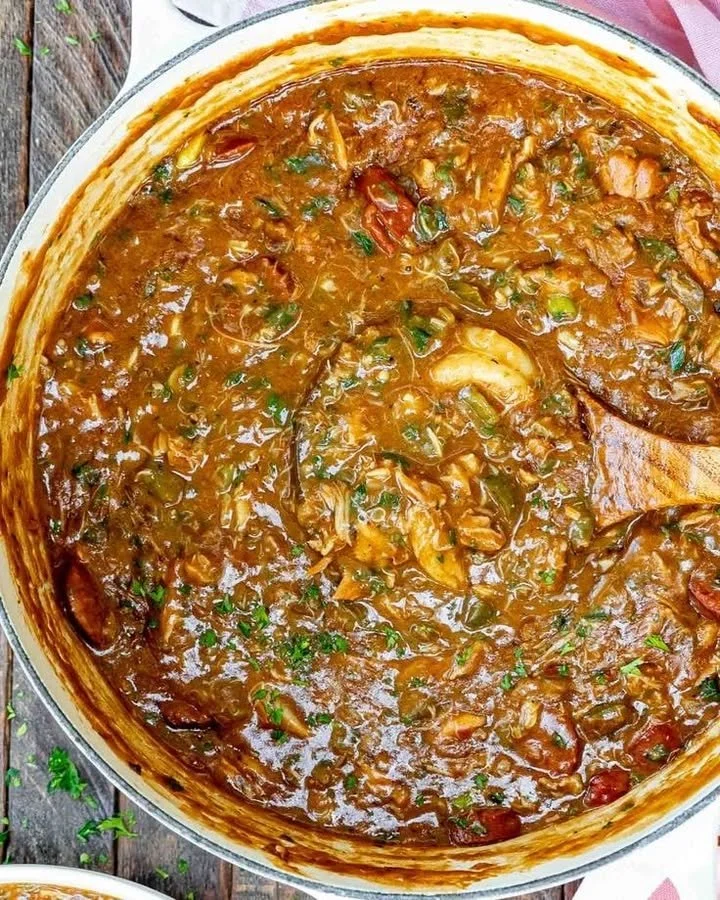 Bowl of Spicy Cajun Gumbo filled with shrimp, sausage, and rich spices