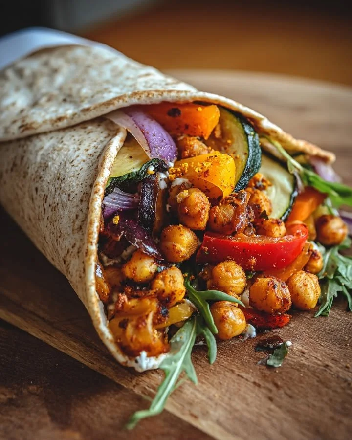 Spicy chickpea and ricotta wrap filled with roasted vegetables
