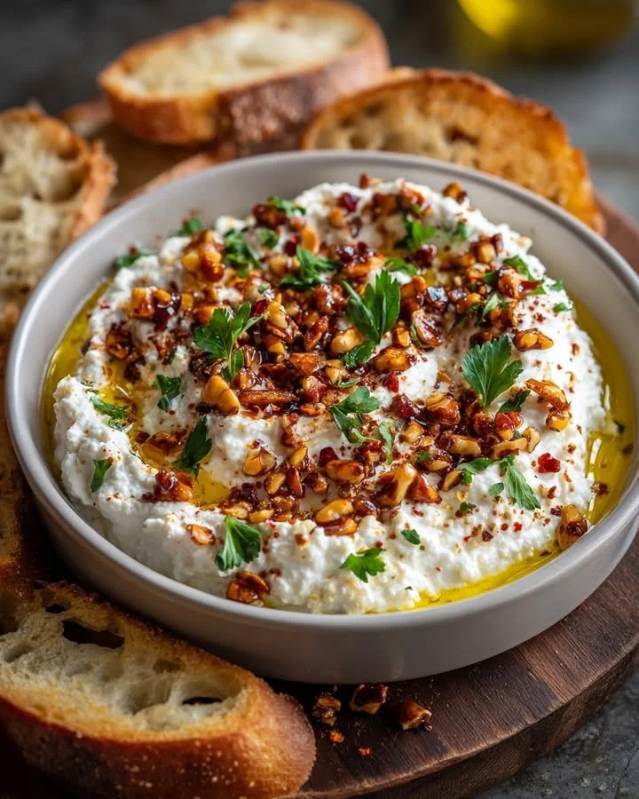 Deliciously spicy feta spread with maple-honey and toasted chili nuts on a platter