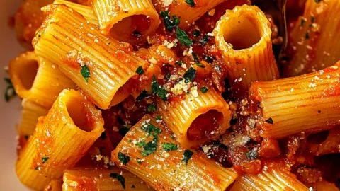 A plate of Spicy Rigatoni topped with fresh herbs and chili flakes.