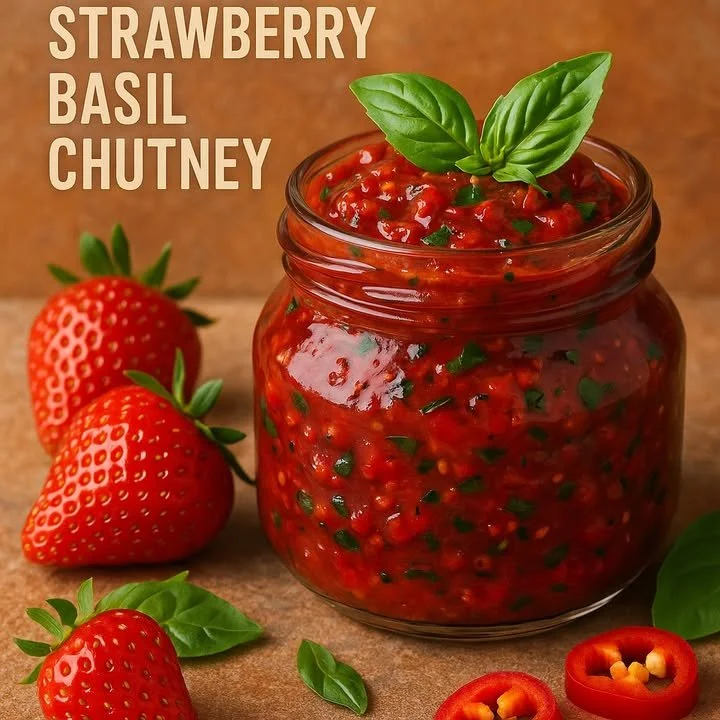 Spicy Strawberry Basil Chutney served in a bowl with fresh ingredients