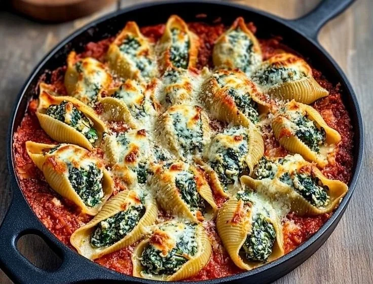 Spinach and ricotta stuffed shells in a baking dish with marinara sauce