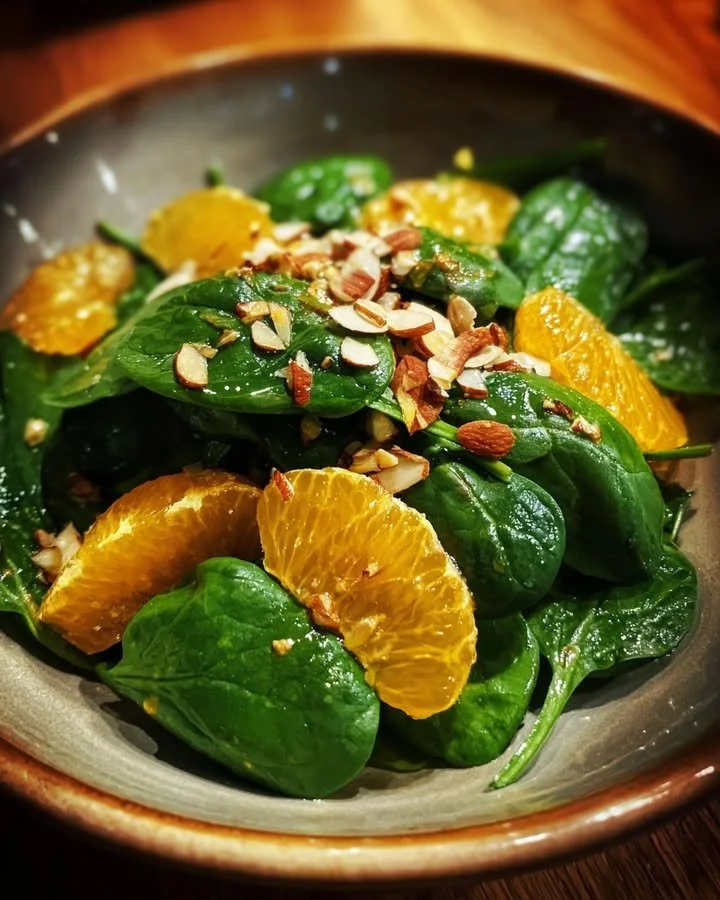 Spinach salad with Kasseri cheese, orange slices, and almond crunch topping