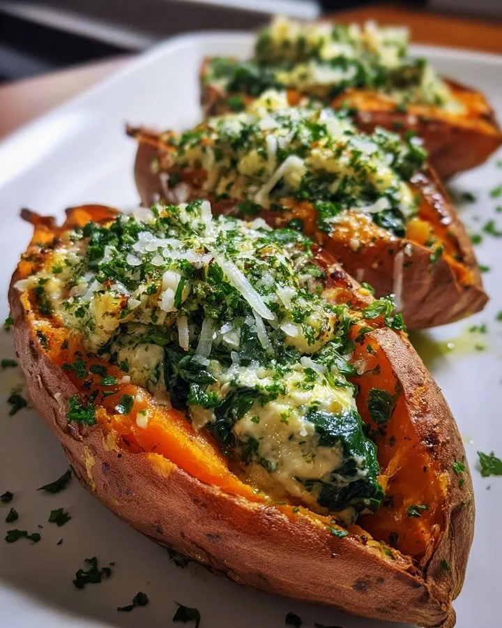 Delicious spinach and ricotta stuffed sweet potatoes with herb sauce served on a plate.