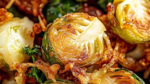 Sticky and savory Brussels sprouts dish served on a plate with garnish