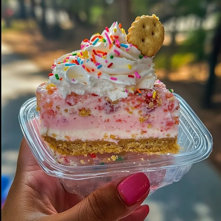 Strawberry Animal Cracker Cheesecake topped with fresh strawberries