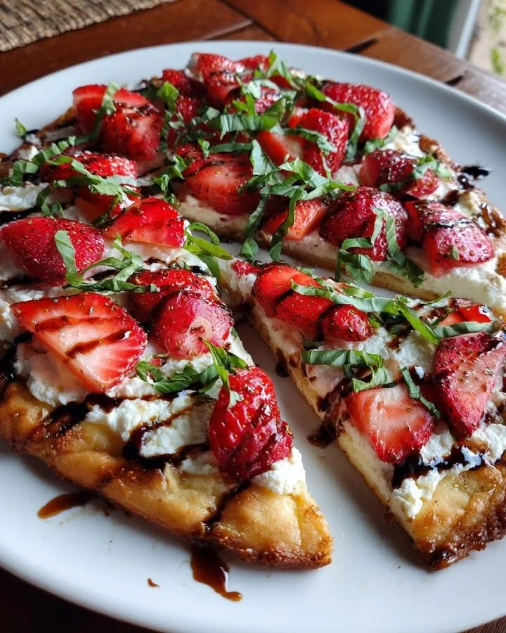 Strawberry balsamic flatbread with ricotta and basil, garnished beautifully.