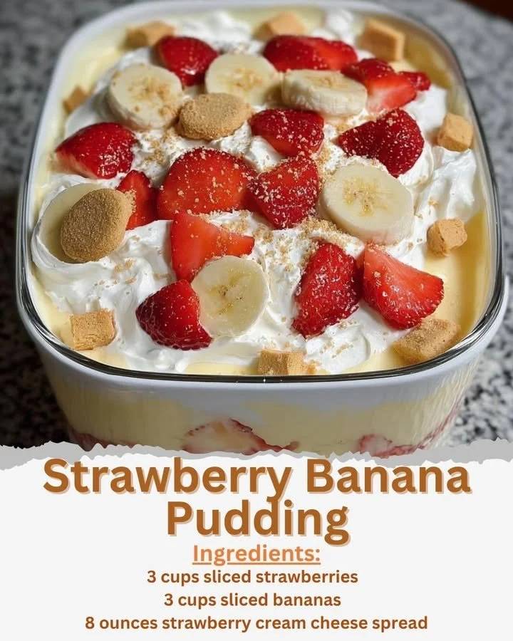 Delicious strawberry banana pudding served in a glass bowl with fresh strawberries.