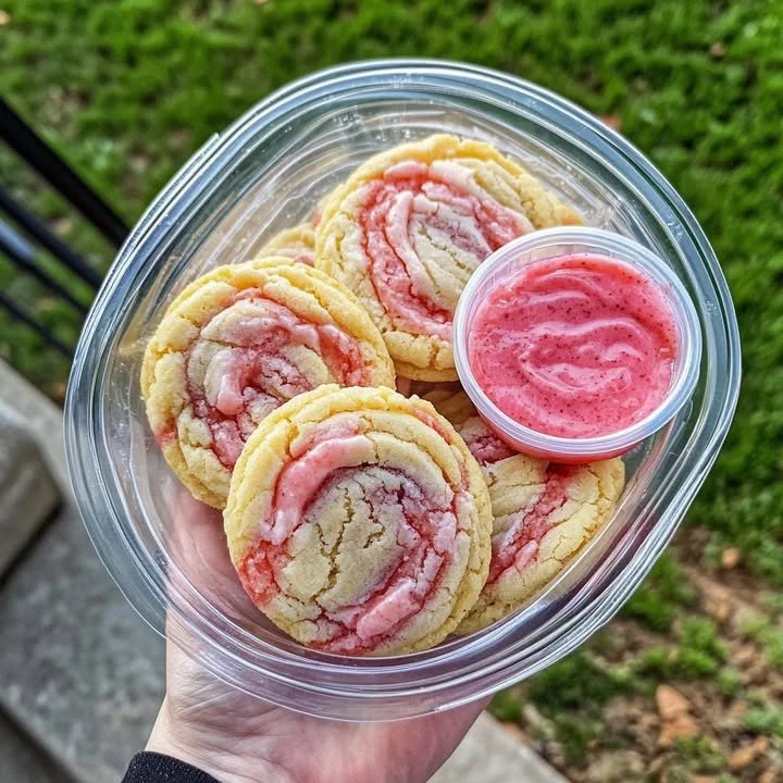 Strawberry banana pudding cookies served with cheesecake dip