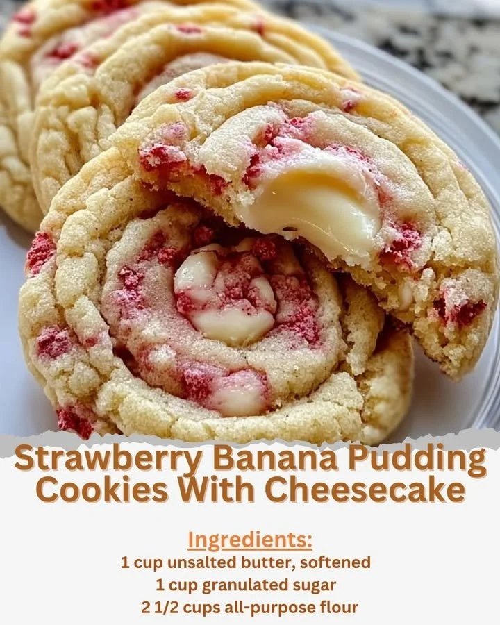 Freshly baked strawberry banana pudding cookies with cheesecake filling