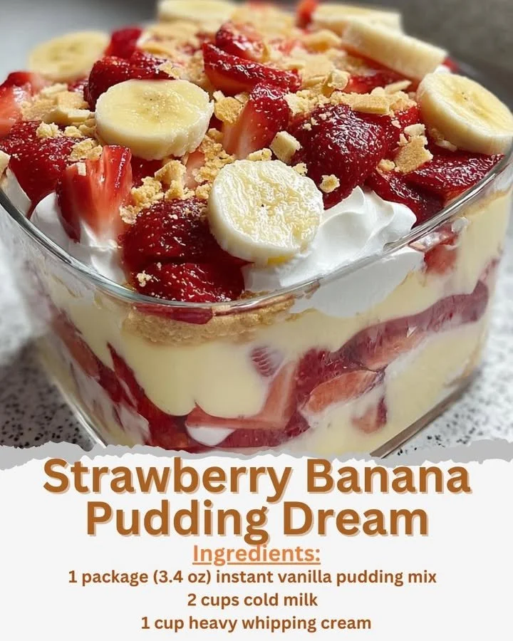 Delicious strawberry banana pudding layered with fresh fruit and creamy custard