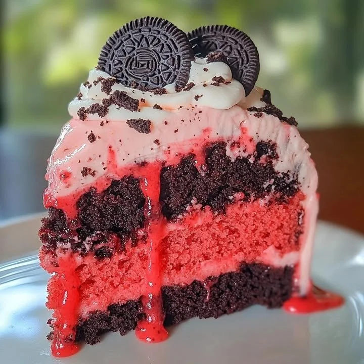 Strawberry Cake with Oreo Crumble and Cookies 'n Cream Icing