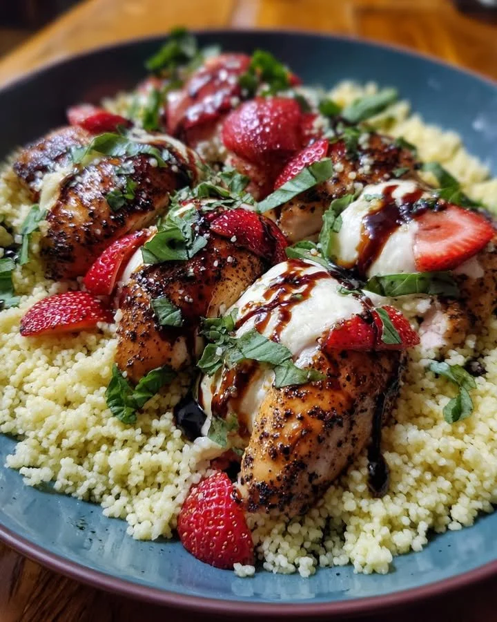 Plate of Strawberry Caprese Chicken with balsamic glaze and basil couscous