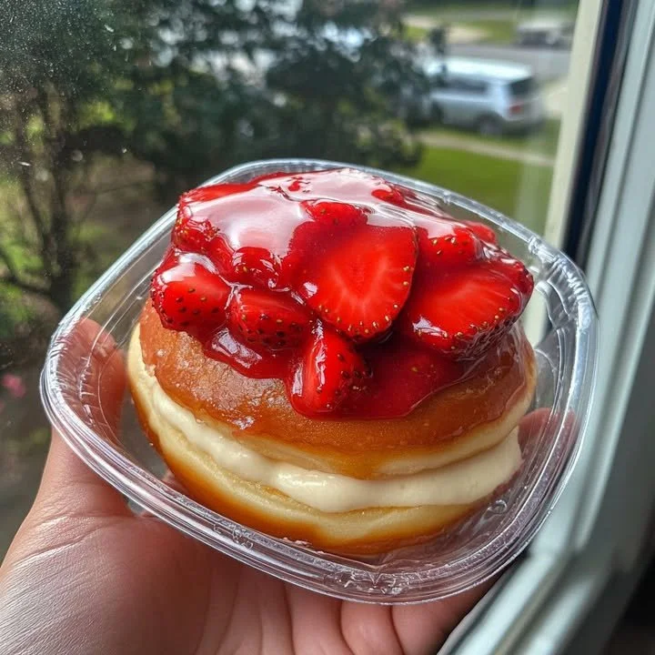 Strawberry Cheesecake Doughnut Burger topped with fresh strawberries and cream