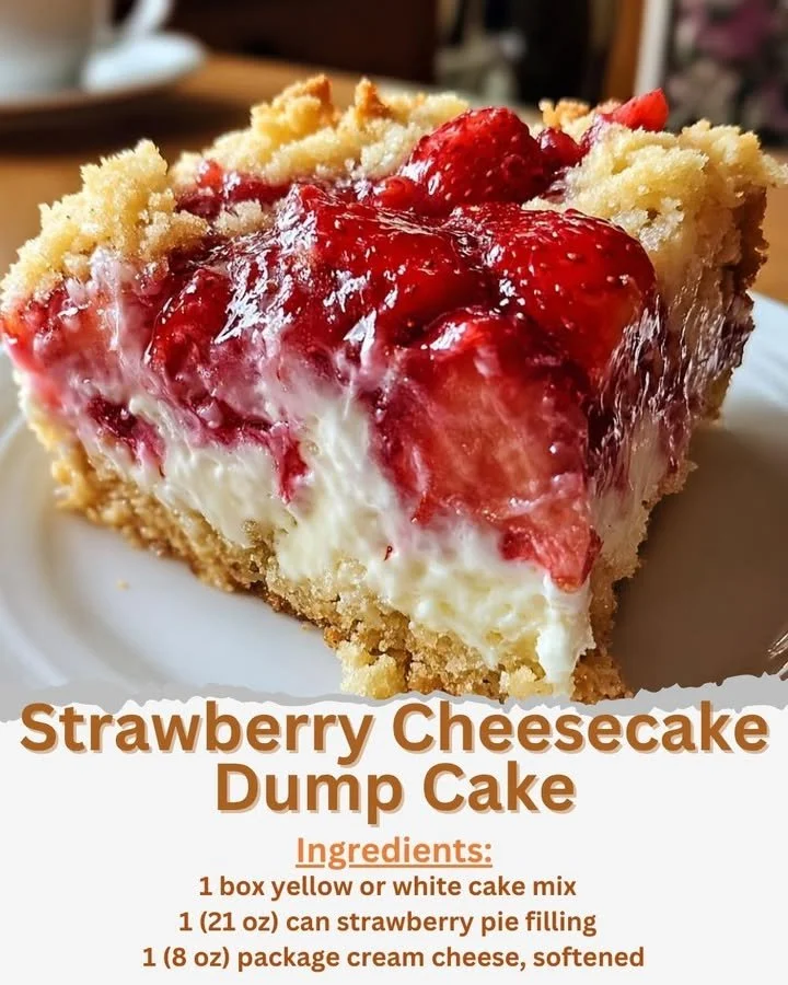 Delicious Strawberry Cheesecake Dump Cake topped with fresh strawberries.