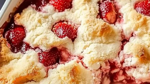 Delicious Strawberry Cheesecake Dump Cake topped with fresh strawberries.