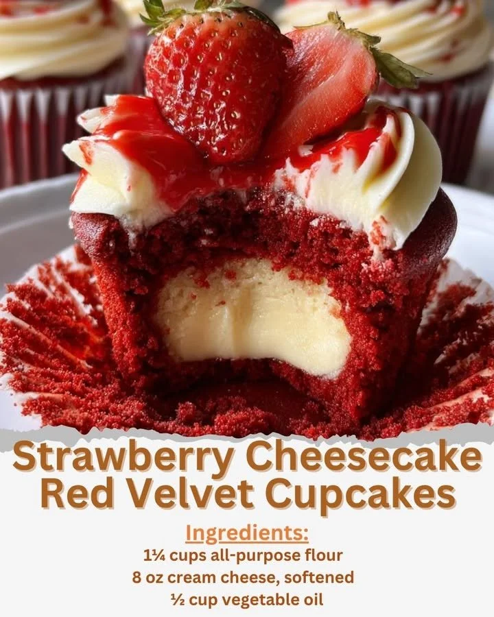 Strawberry cheesecake red velvet cupcakes topped with cream cheese frosting