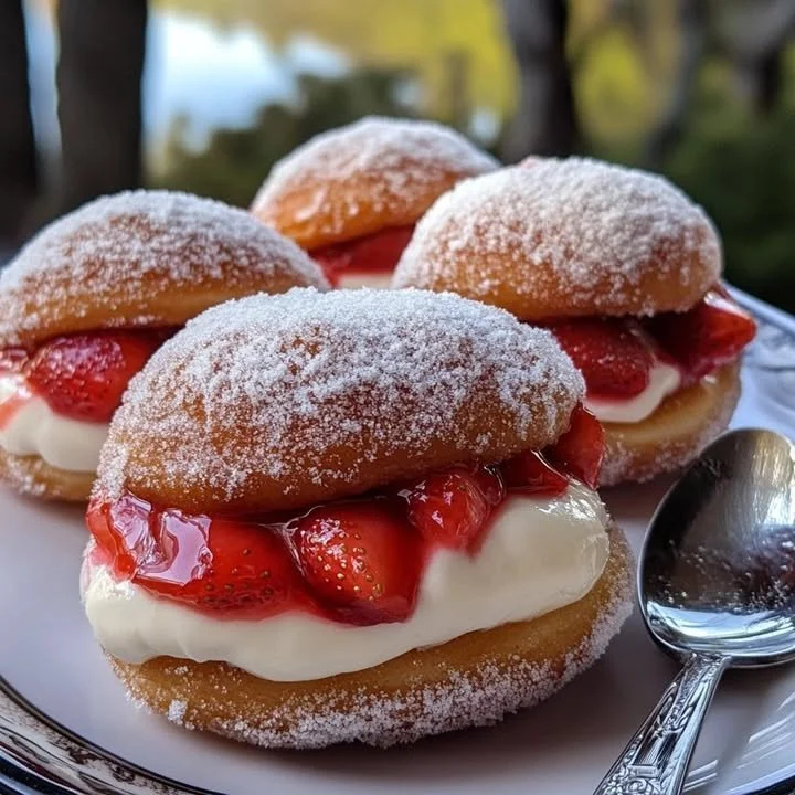 Delicious strawberry cheesecake stuffed donuts with creamy filling and glaze