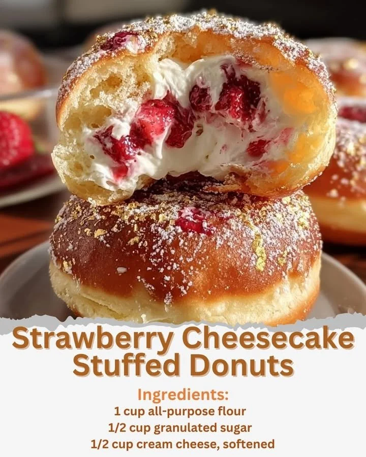 Strawberry cheesecake stuffed donuts topped with fresh strawberries and cream.