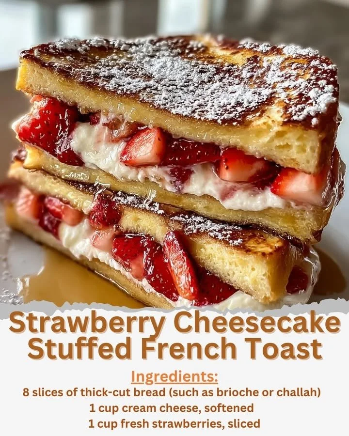 Delicious strawberry cheesecake stuffed French toast topped with fresh strawberries