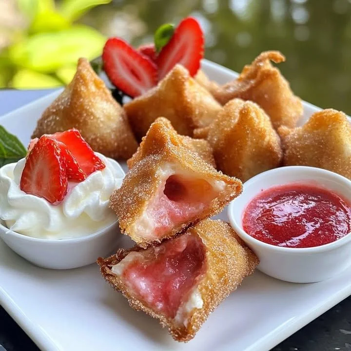 Strawberry cheesecake stuffed wonton bites served on a plate