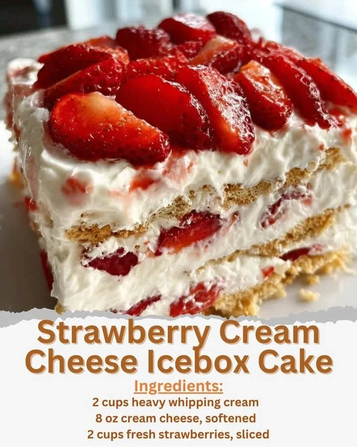 Delicious Strawberry Cream Cheese Icebox Cake with fresh strawberries and cream.