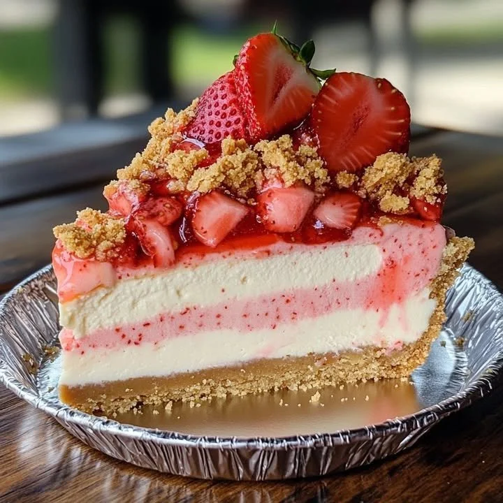 Delicious strawberry crunch cheesecake topped with fresh strawberries and crumbs