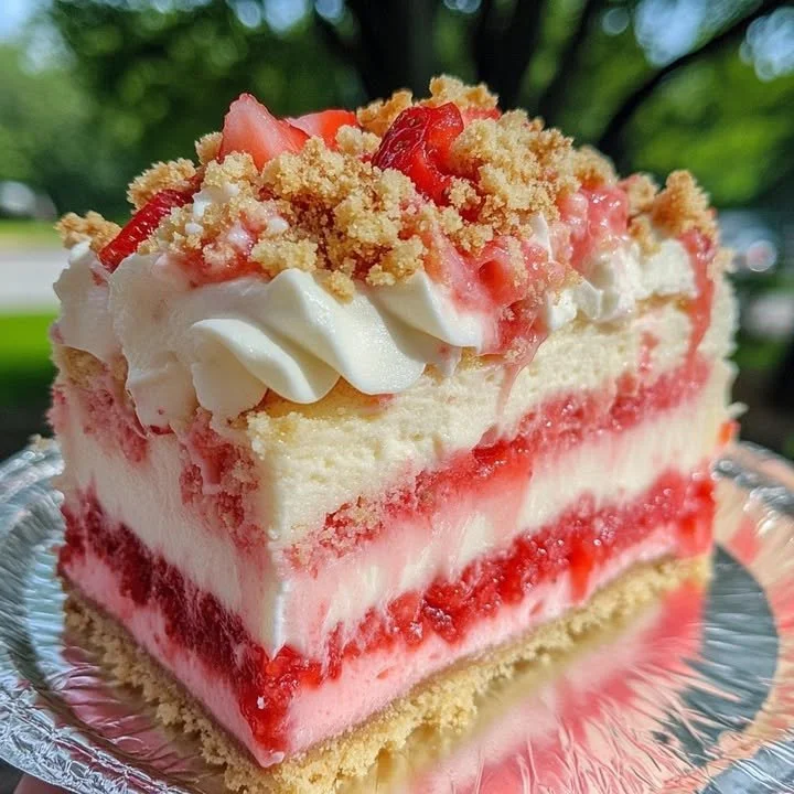 Delicious Strawberry Crunch Cheesecake with fresh strawberries and a crunchy topping