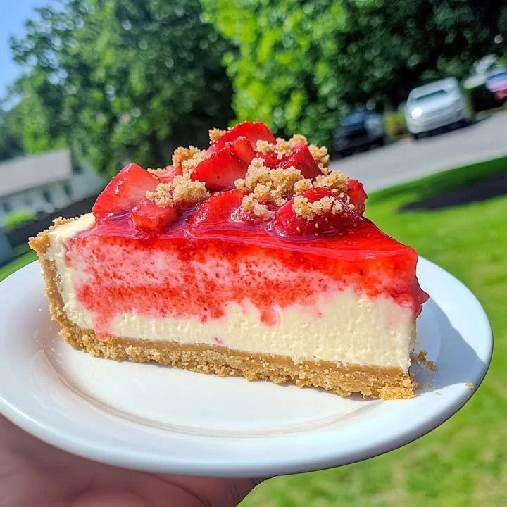 Delicious strawberry crunch cheesecake with creamy filling and crunchy topping