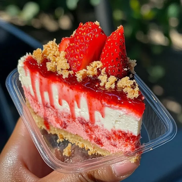 Delicious Strawberry Crunch Cheesecake topped with strawberry pieces and crunch layer