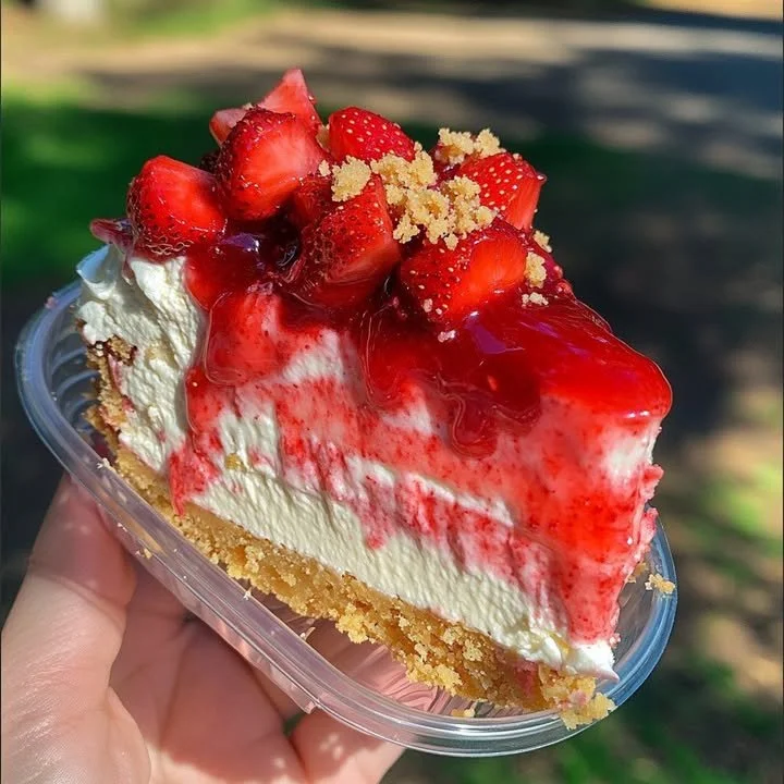 Delicious Strawberry Crunch Cheesecake topped with strawberry crumbs and whipped cream