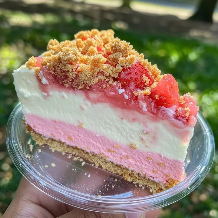 Delicious strawberry crunch cheesecake with creamy filling and crunchy topping