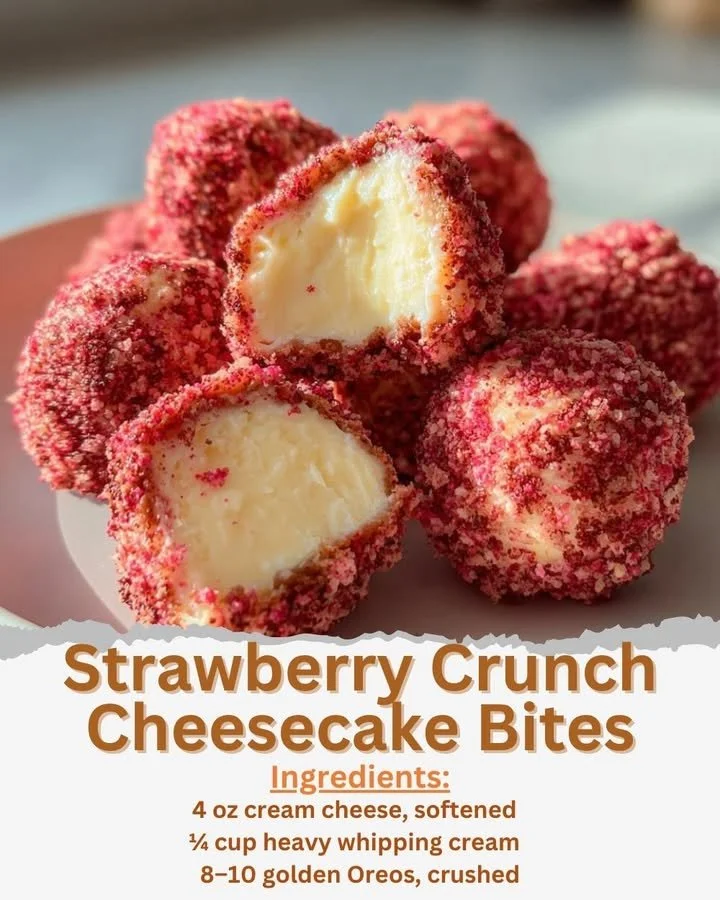 Delicious strawberry crunch cheesecake bites on a plate