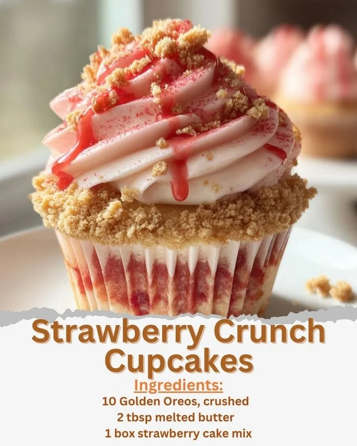 Strawberry crunch cupcakes decorated with strawberry crumbles and frosting