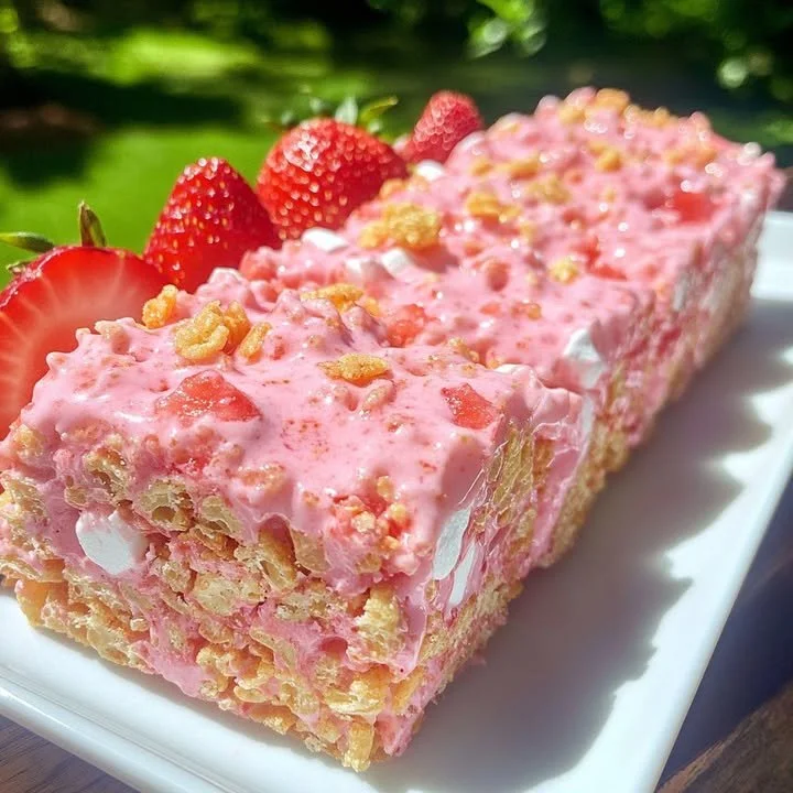 Strawberry Crunch Rice Krispie Treats with vibrant strawberries and crispy texture.