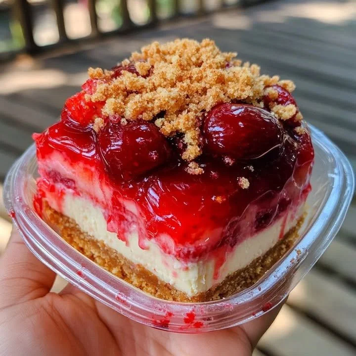 Strawberry Crunch Stuffed Cheesecake with fresh strawberries and a crunchy topping