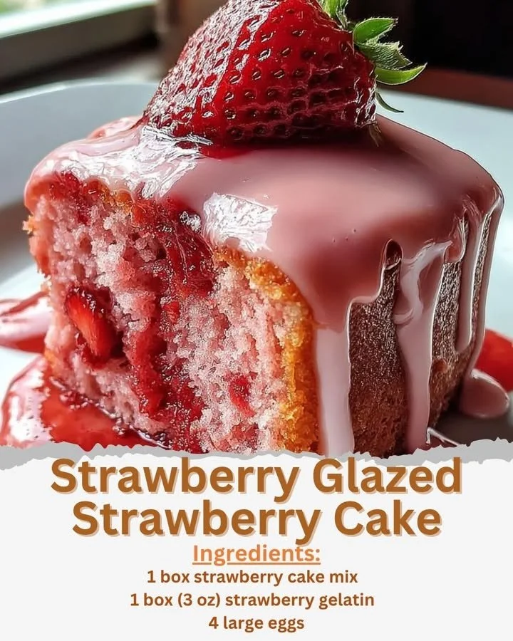 Delicious Strawberry Glazed Strawberry Cake garnished with fresh strawberries